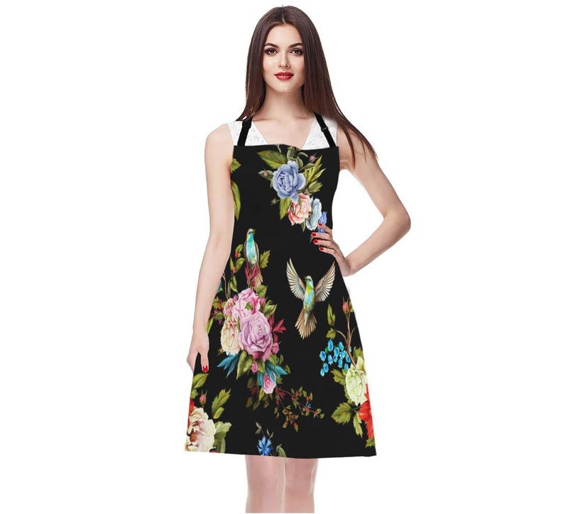 EKOBLA Flower Aprons Wild Flowers Peony Roses Lily Nightingale Cornflower Black Background Waterproof Resistant Chef Cooking Kitchen BBQ Adjustable Aprons for Women Men 27x31 Inch - Image 3
